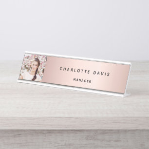Rose gold photo monogram modern elegant desk name plate