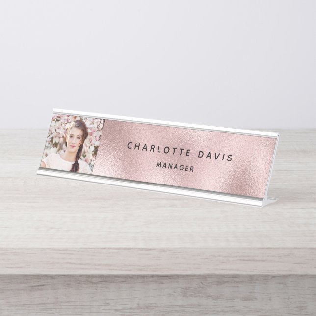Rose gold photo monogram modern employee desk name plate (Front)