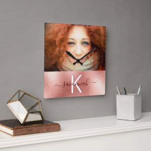 Rose gold photo monogram name square wall clock