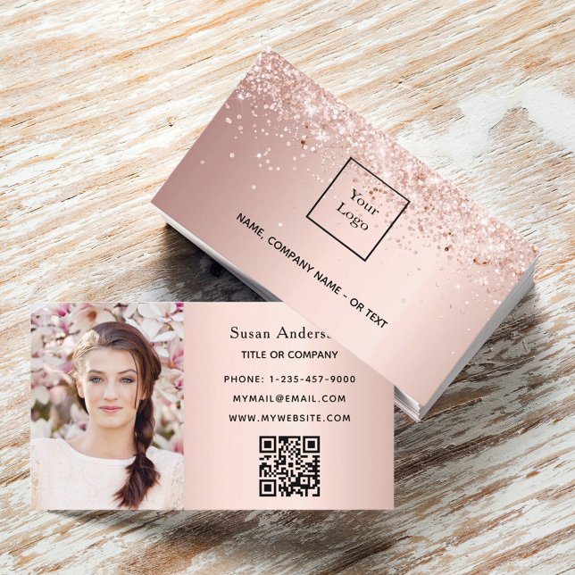 Rose gold photo QR code glitter dust female Business Card (Creator Uploaded)