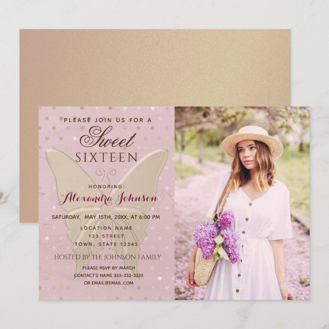 Rose Gold Photo Sweet 16 Birthday Invitation (Front/Back)