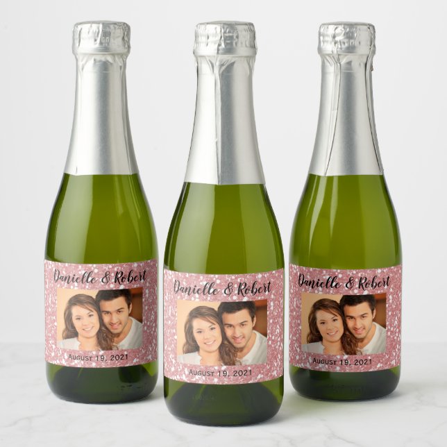Rose Gold Photo Wedding Mini Sparkling Wine Favour Label (Bottles)