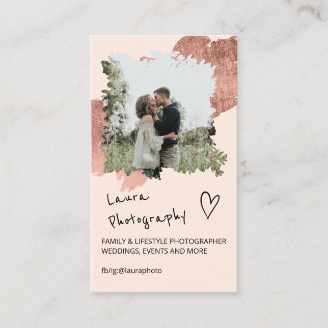 Rose gold photographer floral 2 photo collage business card (Front)