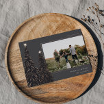 Rose Gold Pine | Elegant Christmas Photo Foil Holiday Card<br><div class="desc">A modern and elegant Christmas holiday card design featuring a horizontal photo on a charcoal grey background adorned with pine trees trimmed with rose gold foil and topped with stars. Personalise with your custom holiday greeting,  family name and the year.</div>