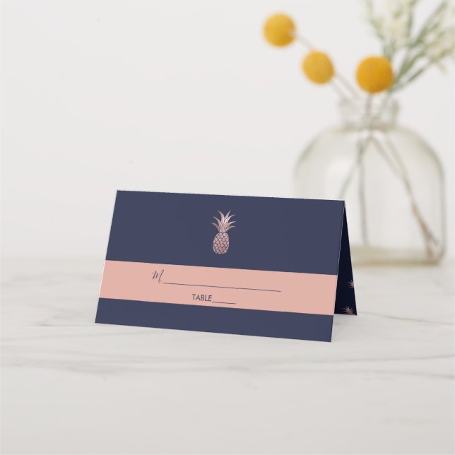 Rose Gold Pineapple DIY Navy Blue Place Card (Front)