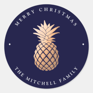 Rose Gold Pineapple on Navy Blue Christmas Classic Round Sticker