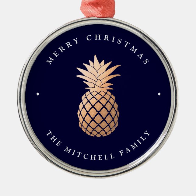 Rose Gold Pineapple on Navy Blue | Christmas Metal Tree Decoration (Front)