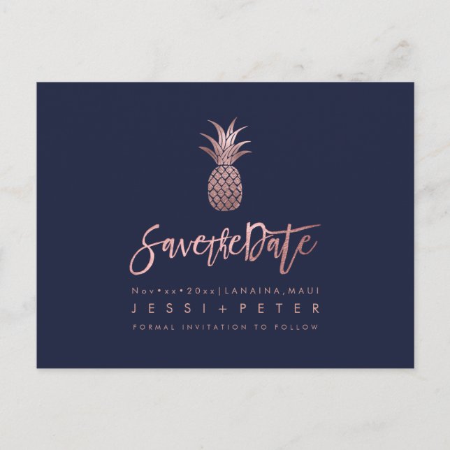 Rose Gold Pineapples+DIY Background Navy Blue Announcement Postcard (Front)