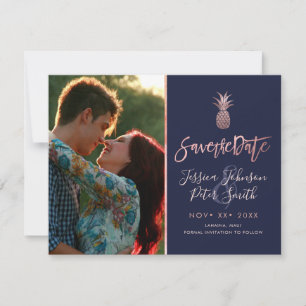 Rose Gold Pineapples+DIY Background Navy Blue Save The Date