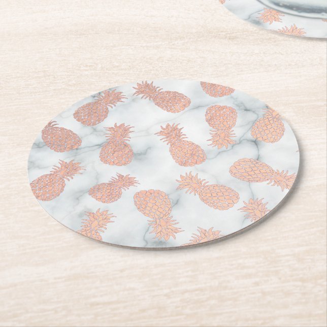 rose gold pineapples on marble round paper coaster (Angled)