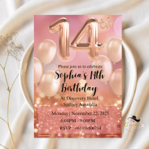 Rose Gold Pink 14th Birthday Invitations for girls