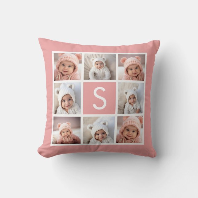 Rose Gold Pink - 8 Photo Collage and Monogram Cushion (Front)