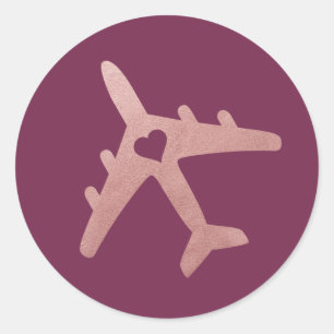 Rose Gold Pink Aeroplane with Heart - U PICK COLOR Classic Round Sticker