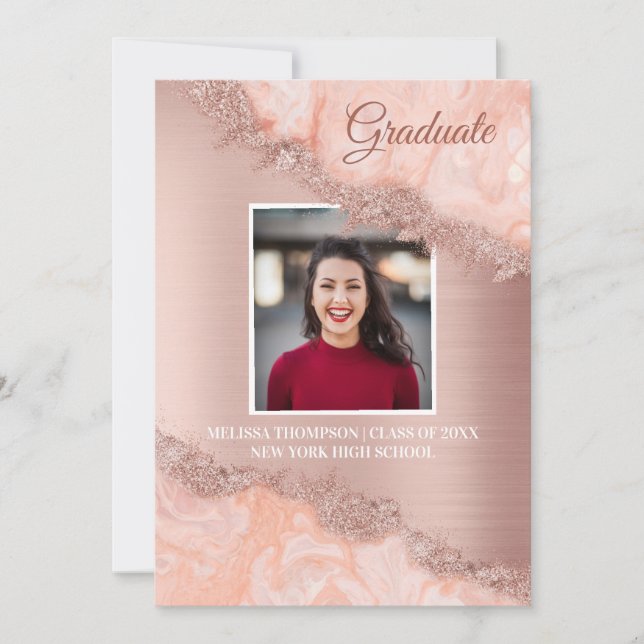 Rose Gold Pink Agate Geode Glitter Graduation Invitation (Front)