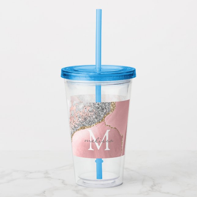 Rose Gold Pink Agate Glitter Marble Monogram Name  Acrylic Tumbler (Front)
