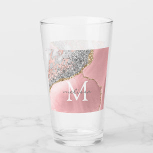 Rose Gold Pink Agate Glitter Marble Monogram Name Glass