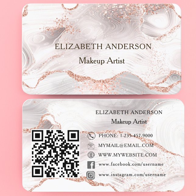 Rose gold pink agate marble QR code social media Business Card (Creator Uploaded)