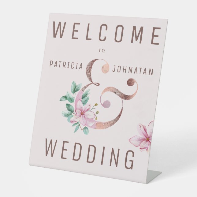 Rose gold  pink ampersand welcome wedding sign (Front)