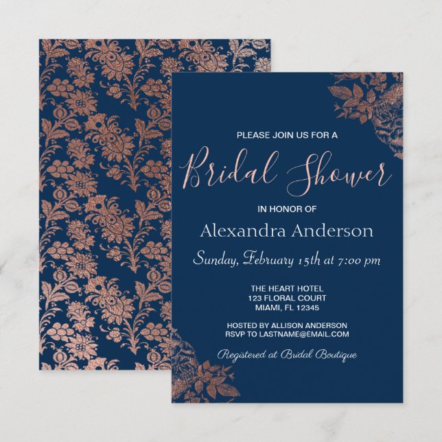 Rose Gold Pink and Navy Blue Floral Bridal Shower Invitation (Front/Back)