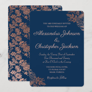 Rose Gold Pink and Navy Blue Floral Roses Wedding Invitation