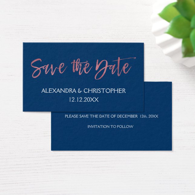 Rose Gold Pink and Navy Blue Foil Save the Date (Desk)
