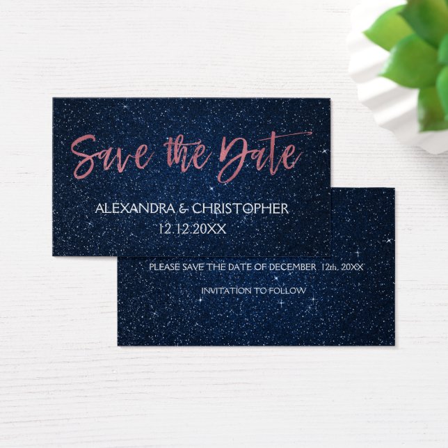 Rose Gold Pink and Navy Blue Foil Save the Date (Desk)