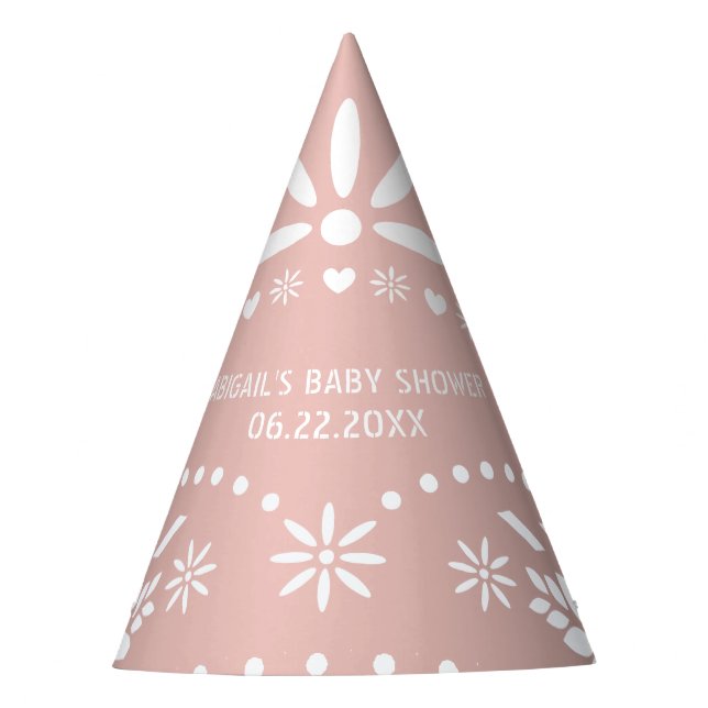 Rose gold pink and white papel picado baby shower party hat (Front)