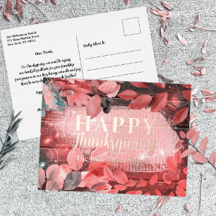 Rose Gold Pink Autumn Leaves Family Thanksgiving Foil Holiday Postcard