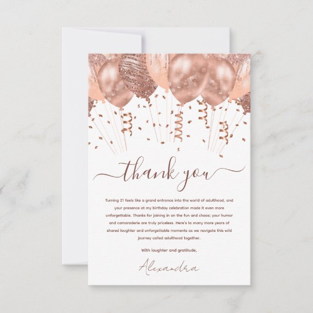 Rose Gold Pink Balloons 21st Birthday Party Thank You Card (Front)