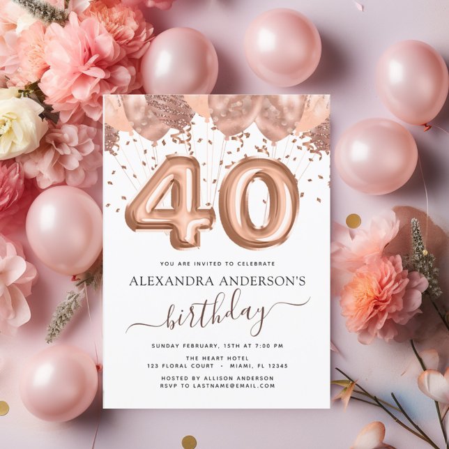 Rose Gold - Pink Balloons 40th Birthday Party Invitation (Creator Uploaded)