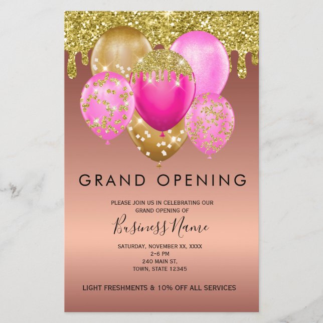 Rose Gold Pink Balloons Grand Opening  Flyer (Front)