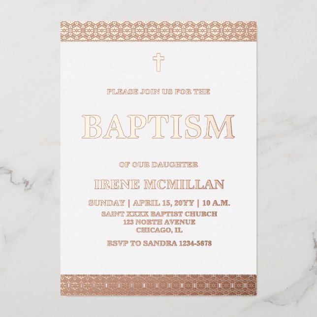 Rose Gold Pink Baptism  Foil Invitation (Front)