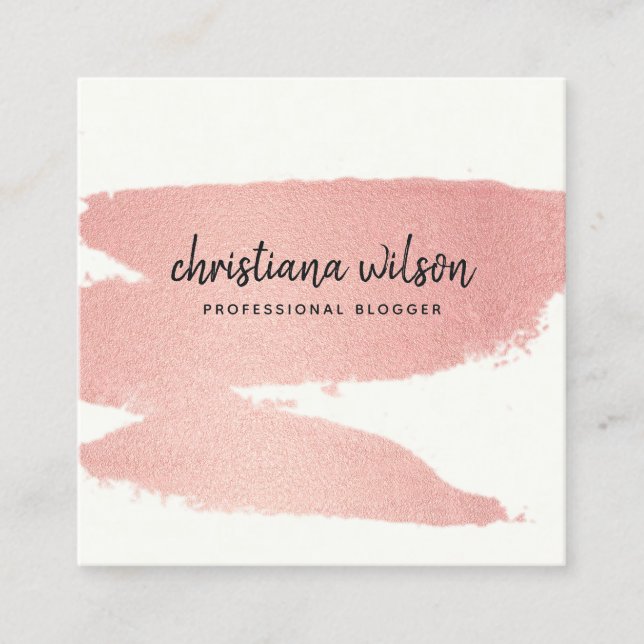 ROSE GOLD PINK BLACK BRUSH STROKE CALLIGRAPHY SQUARE BUSINESS CARD (Front)