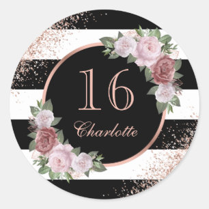 Rose Gold Pink Black Floral Sweet 16 Birthday Classic Round Sticker