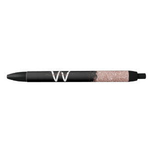 Rose Gold Pink Black Girly Glitter Dust Monogram Black Ink Pen