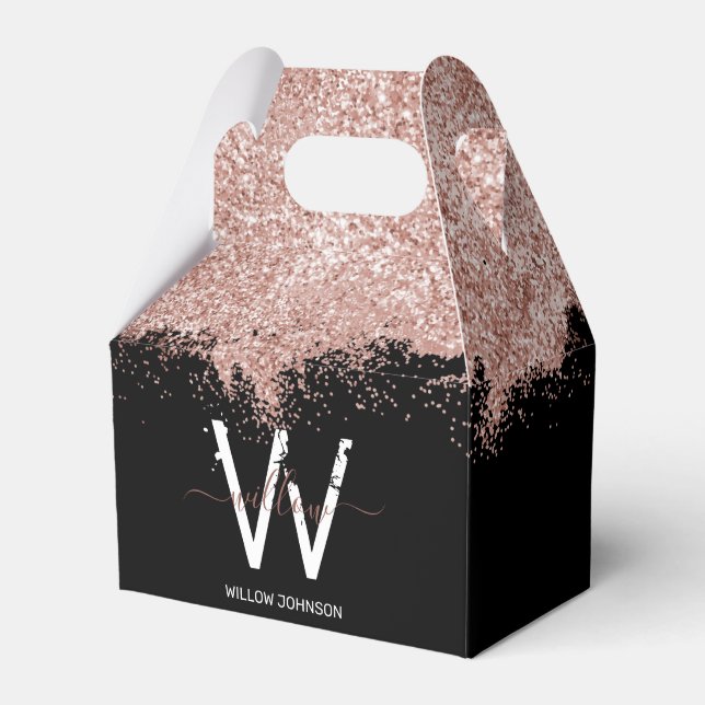 Rose Gold Pink Black Girly Glitter Dust Monogram Favour Box (Front Side)