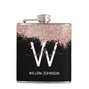 Rose Gold Pink Black Girly Glitter Dust Monogram Hip Flask