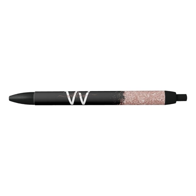 Rose Gold Pink Black Girly Glitter Dust Monogram Ink Pen (Front)