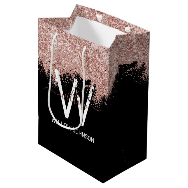 Rose Gold Pink Black Girly Glitter Dust Monogram Medium Gift Bag (Front Angled)