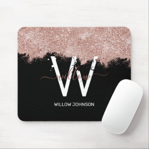 Rose Gold Pink Black Girly Glitter Dust Monogram Mouse Mat