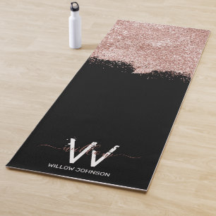 Rose Gold Pink Black Girly Glitter Dust Monogram Yoga Mat
