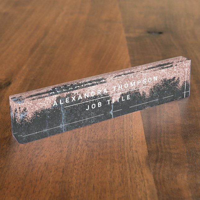 Rose Gold Pink Black Marble Glitter Dust Nameplate (Side)