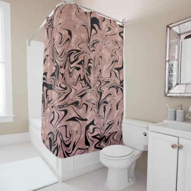 Rose Gold Pink & Black Metallic Marble Swirl Shower Curtain (In Situ)