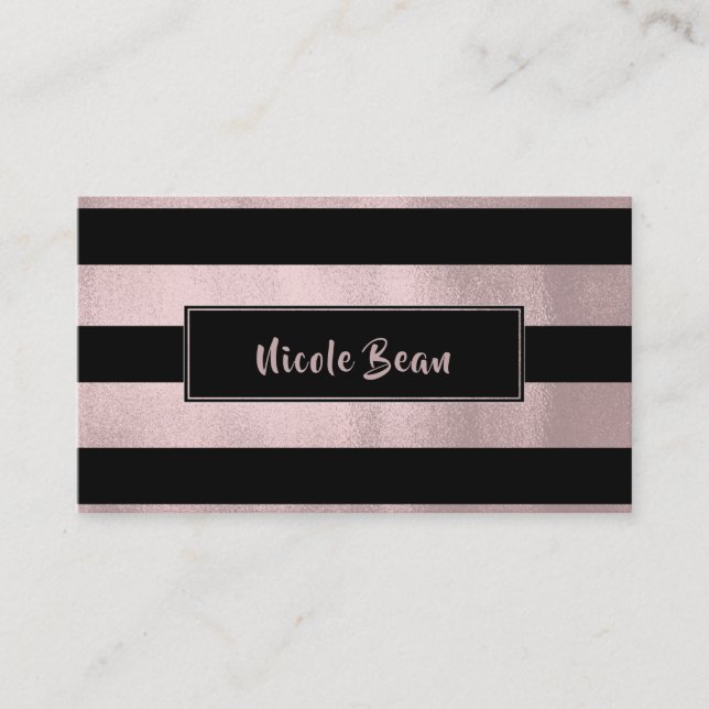 Rose Gold Pink & Black Stripes Chic Modern Glam Business Card (Front)