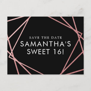 Rose Gold Pink Black Sweet 16 Save the Date Announcement Postcard
