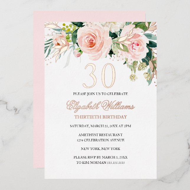 Rose Gold Pink Blush 30th Birthday Foil Invitation (Front/Back)