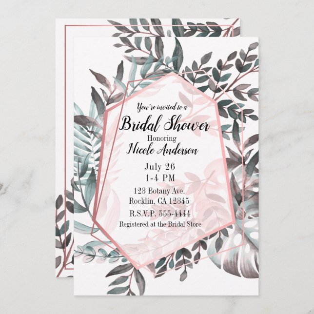 Rose Gold Pink Blush Botanical Bridal Shower Invitation (Front/Back)