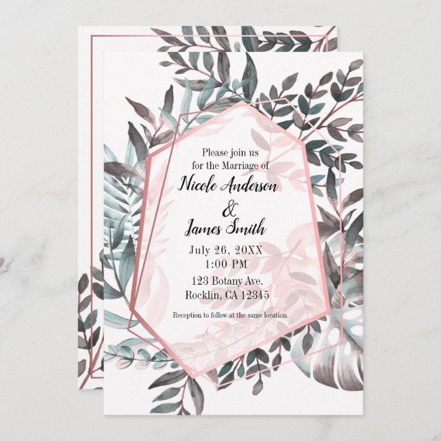 Rose Gold Pink Blush Botanical Wedding Marriage Invitation (Front/Back)
