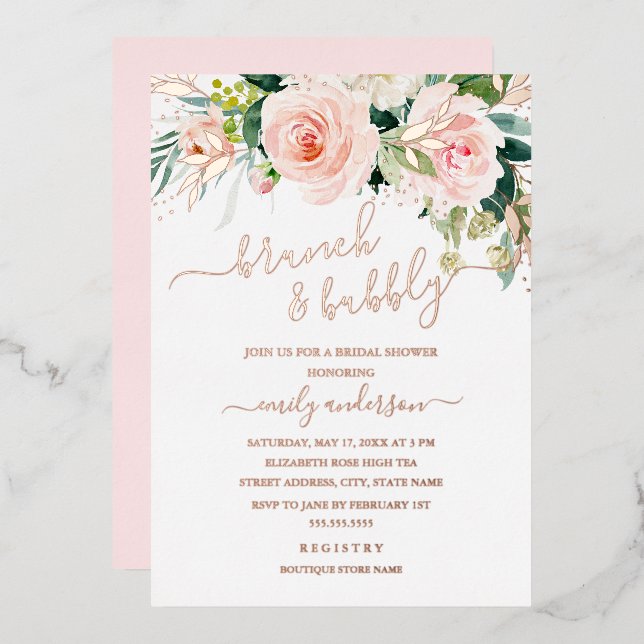 Rose Gold Pink Blush Floral Brunch And Bubbly  (Front/Back)