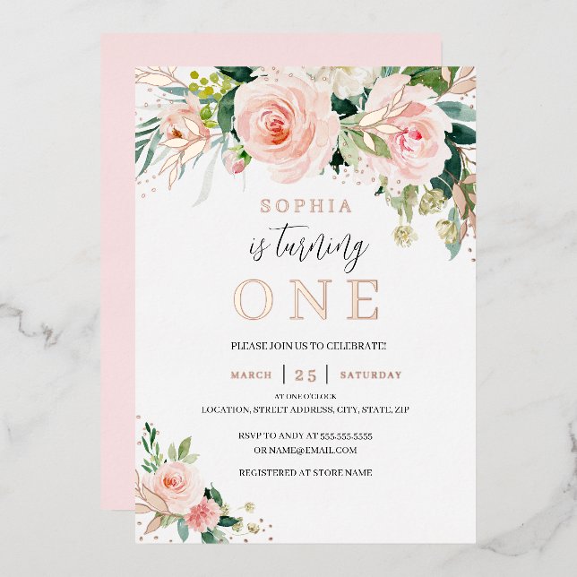 Rose Gold Pink Blush Floral Girl 1st Birthday  (Front/Back)